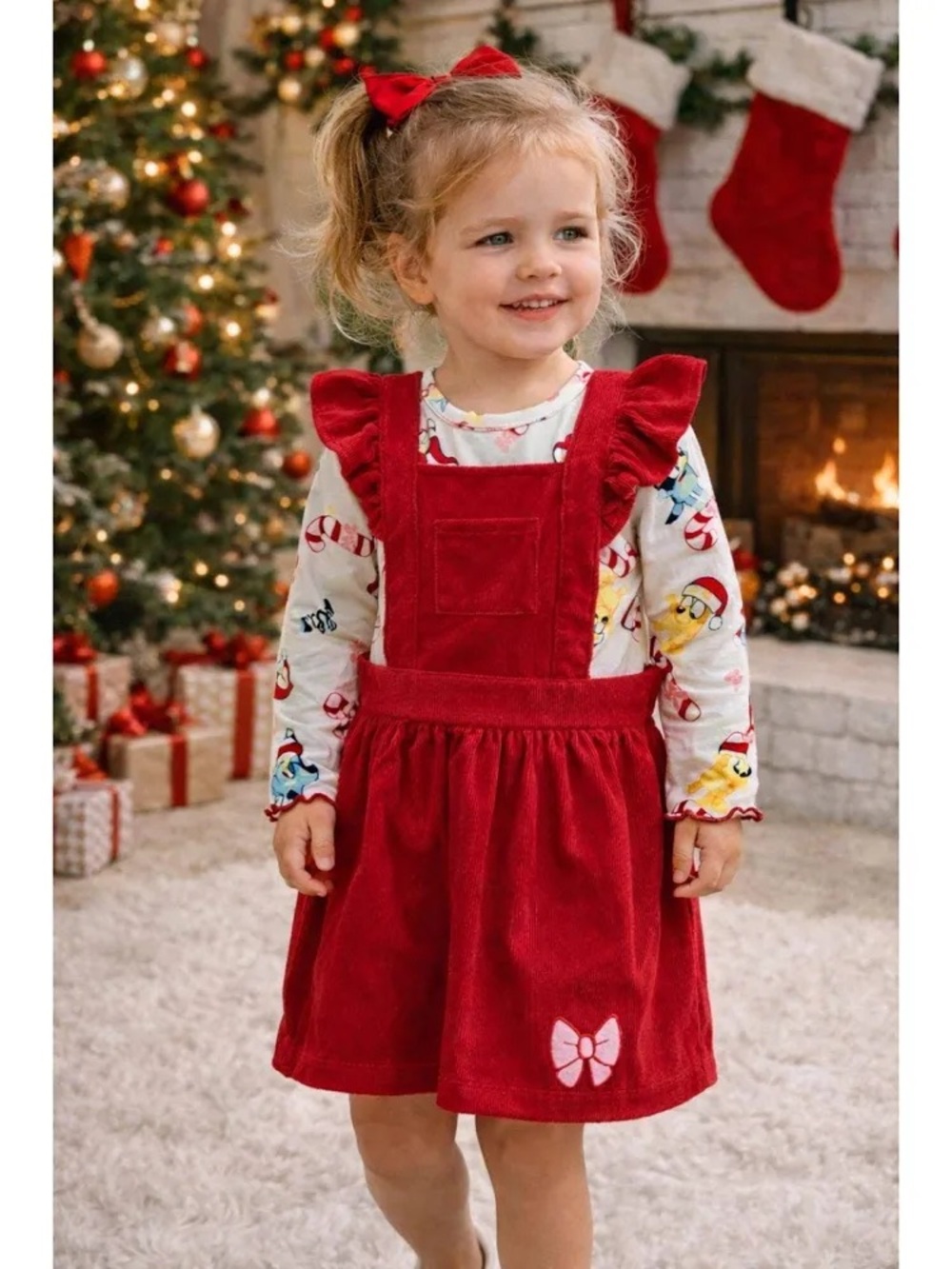 NWT BLUEY Red Corduroy Jumper Ruffle Dress 2 pc Outfit Girl’s Size 2T Pinafore